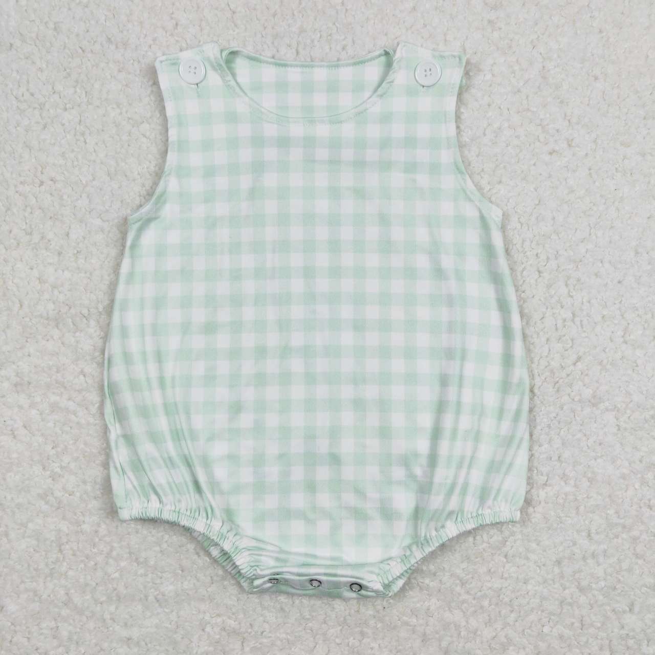 green gingham baby boy romper