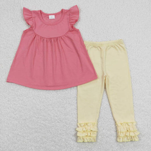 coral top light yellow ruffle pants outfit