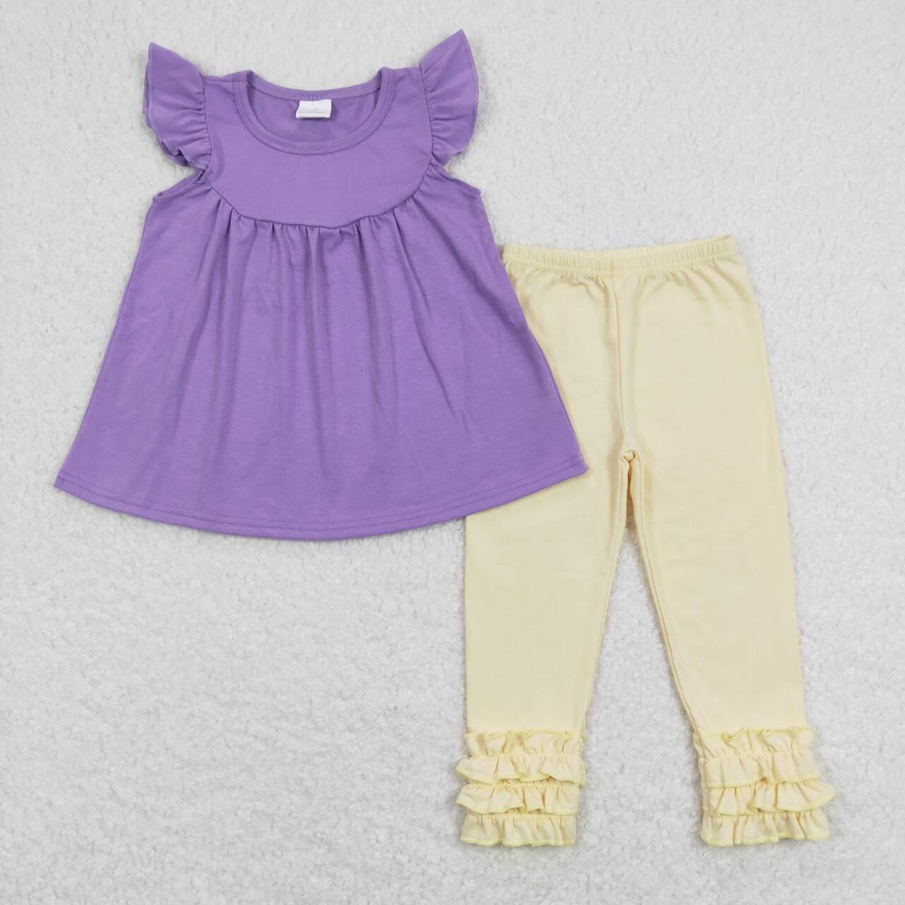 lavender top light yellow ruffle pants outfit