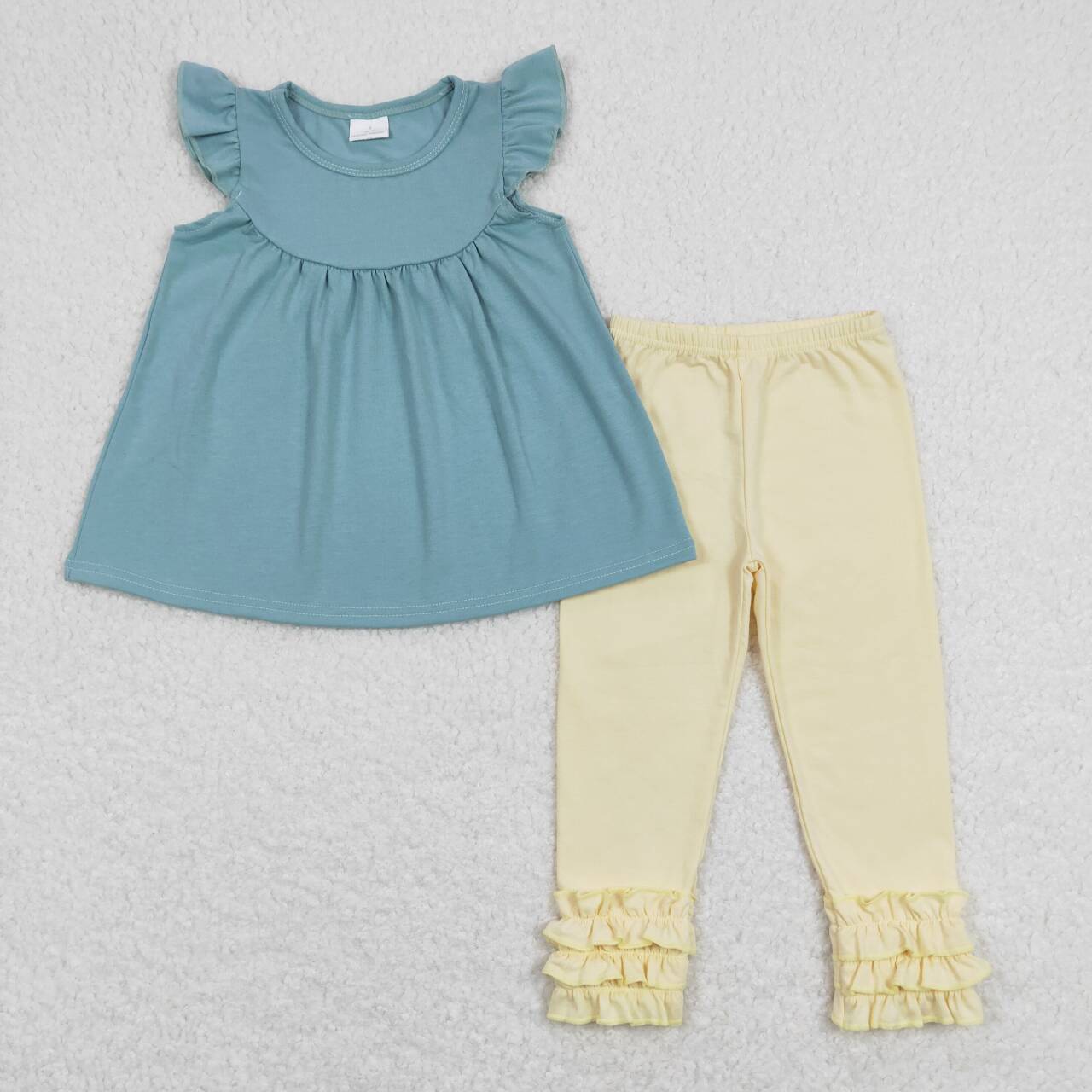 girls blue top light yellow ruffle pants boutique outfit