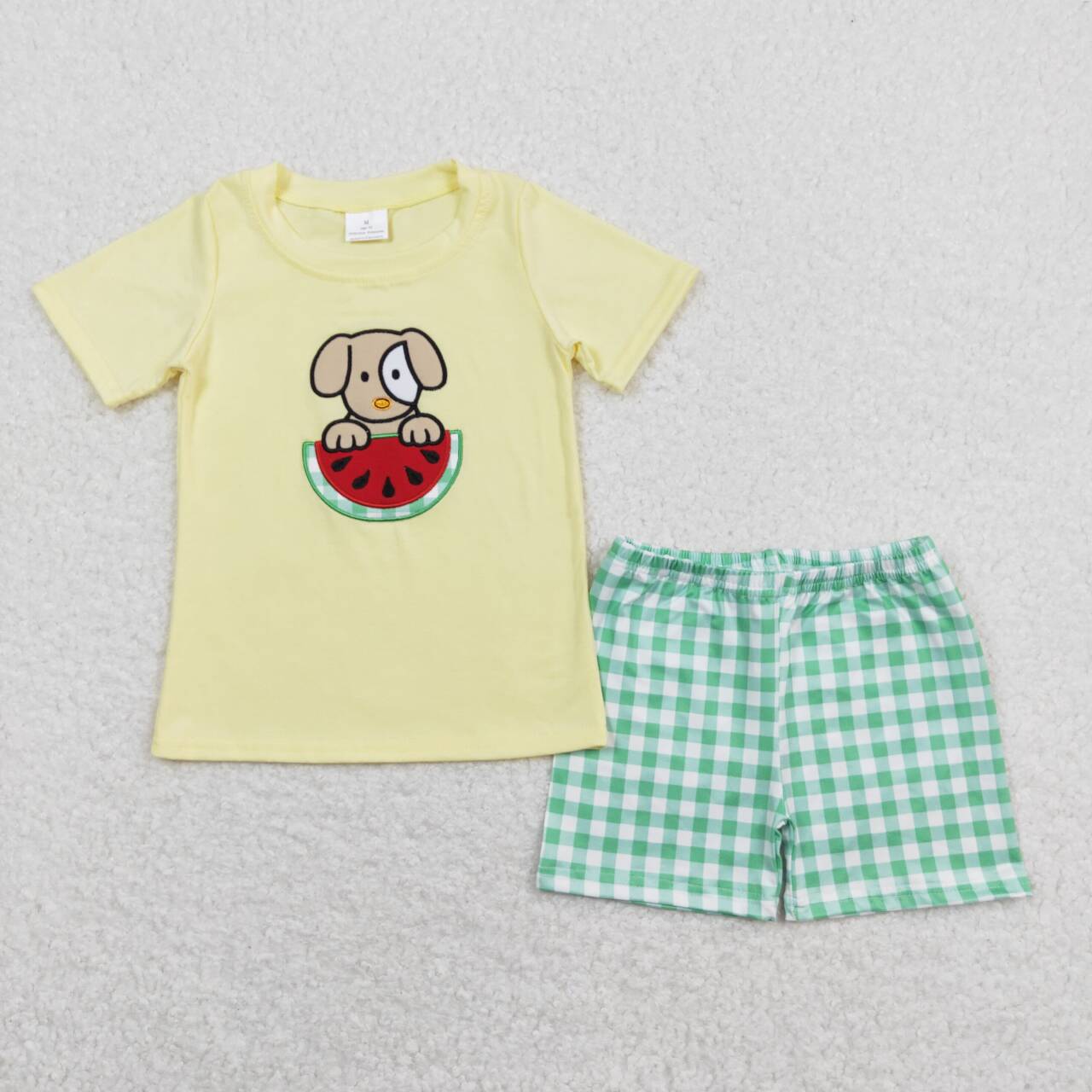 boy embroidery watermelon dog top green plaid shorts outfit