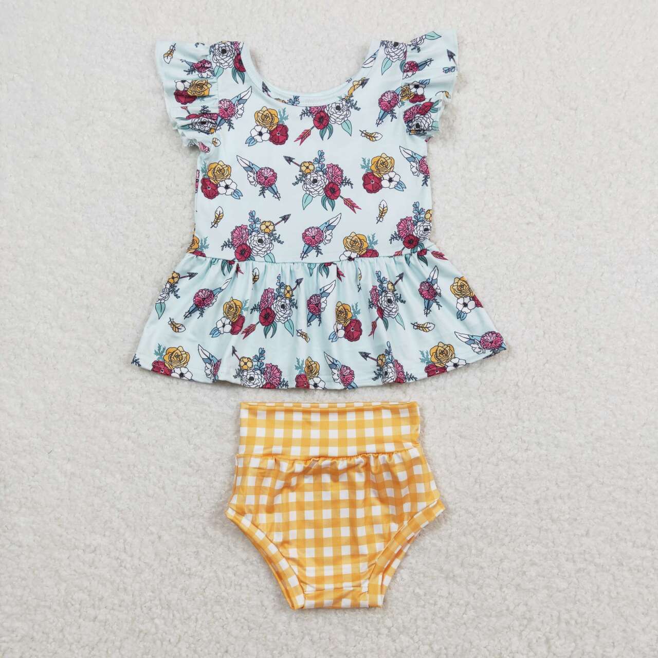 blue floral shirt yellow gingham bummies set