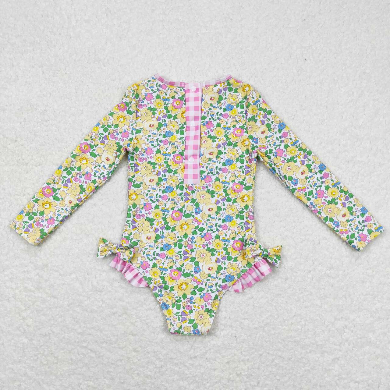 girls yellow flower one piece long sleeve swimwear