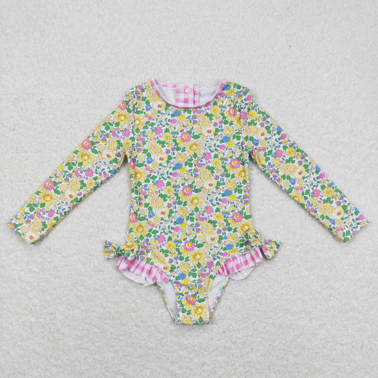 girls yellow flower one piece long sleeve swimwear