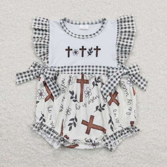 he is risen easter cross embroidery  romper