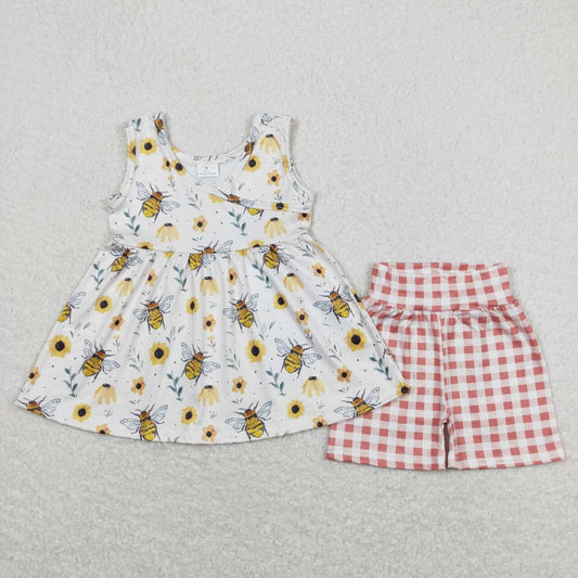 girls flower bee top plaid shorts outfit