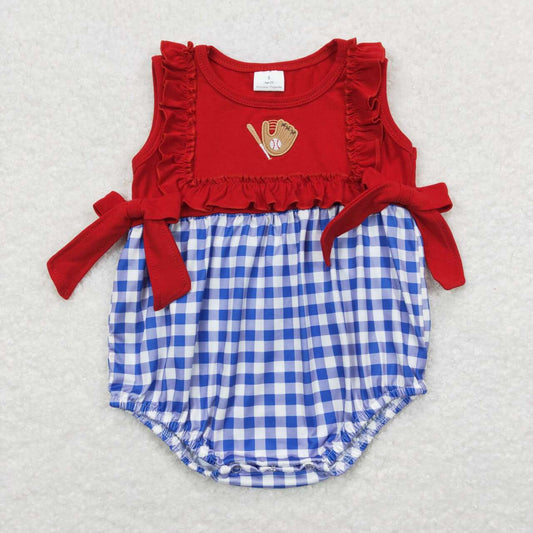 toddle girls embroidery  baseball blue gingham romper