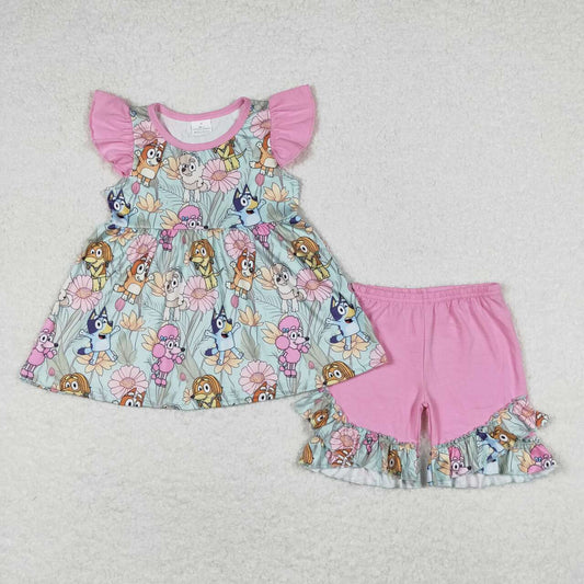 wholesale floral boutique blue cartoon dog clothing set