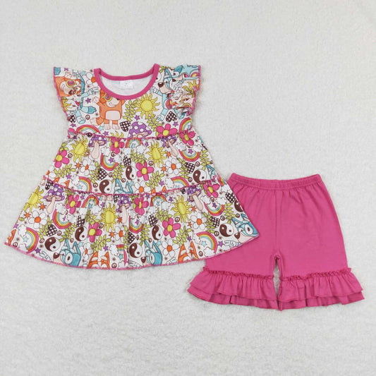 wholesale blue cartoon ndog floral boutique shirt hot pink shorts outfit