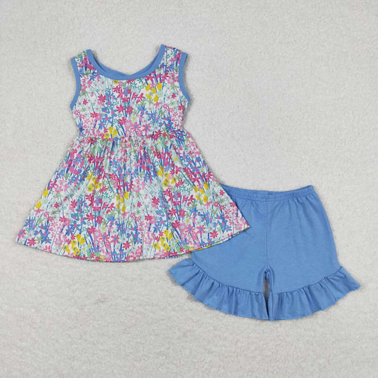 flower girls top blue shorts 2pcs outfit