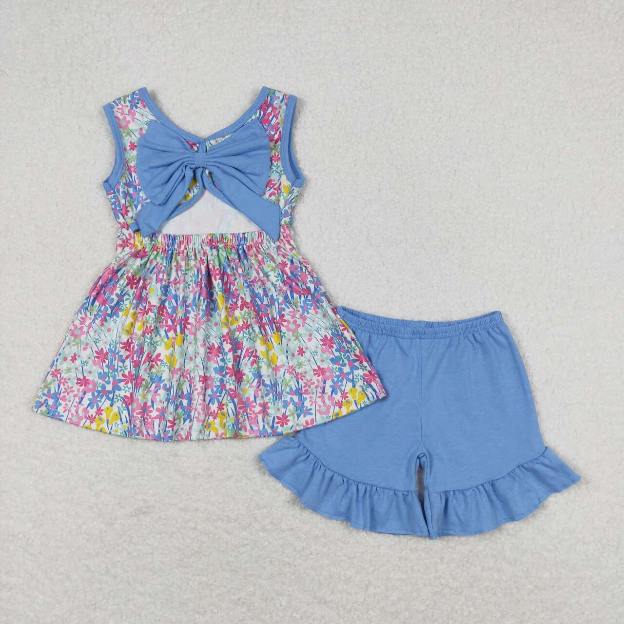 flower girls top blue shorts 2pcs outfit