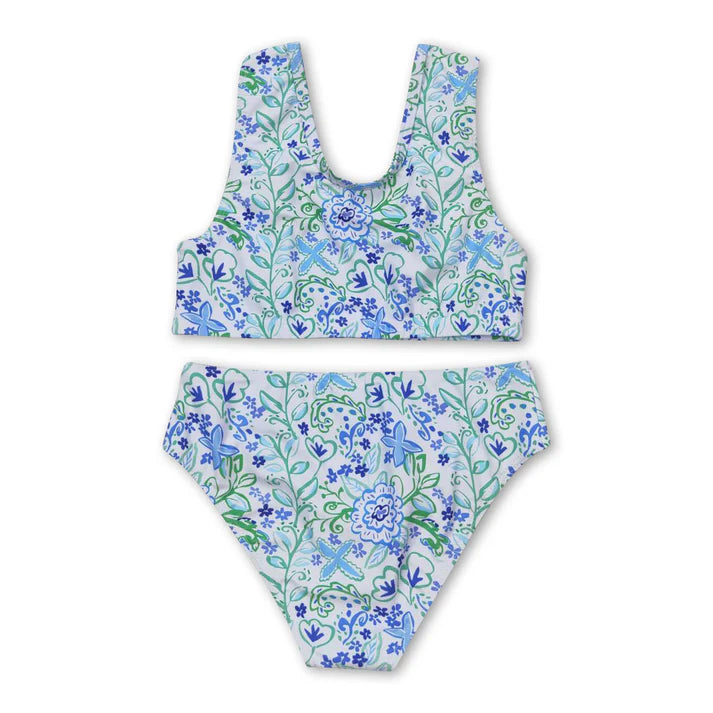 blue green floral 2pcs girls summer swimsuit