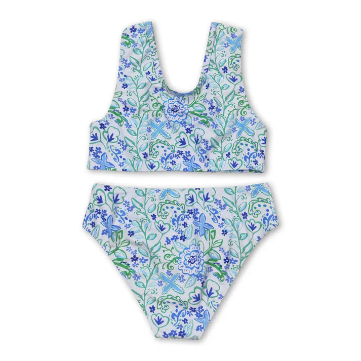 best sister blue green floral  girls summer swimsuit