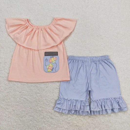 baby girls pink embroidery bee top blue gingham shorts outfit