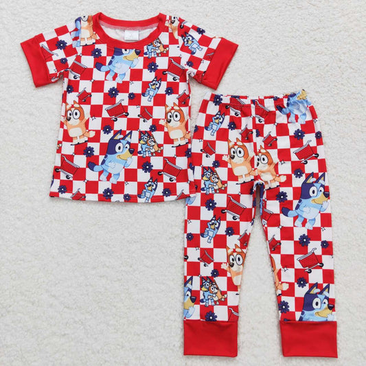 blue cartoon dog red checkered clothing set