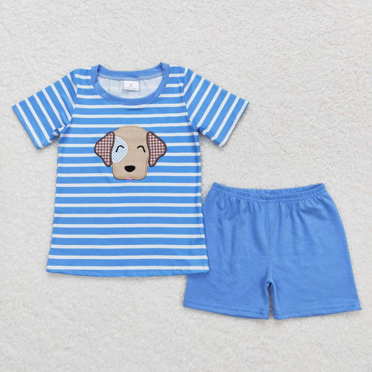 blue stripes embroidery puppy dog short sleeve outfit