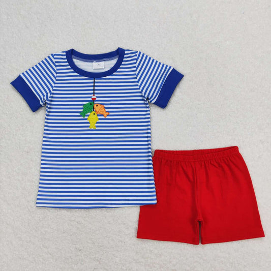 embroidery three fish blue stripes shirt red shorts outfit