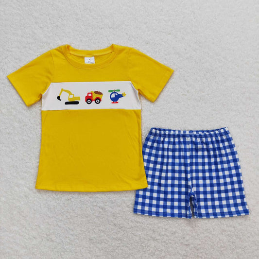 yellow constructon shirt blue gingham shorts outfit