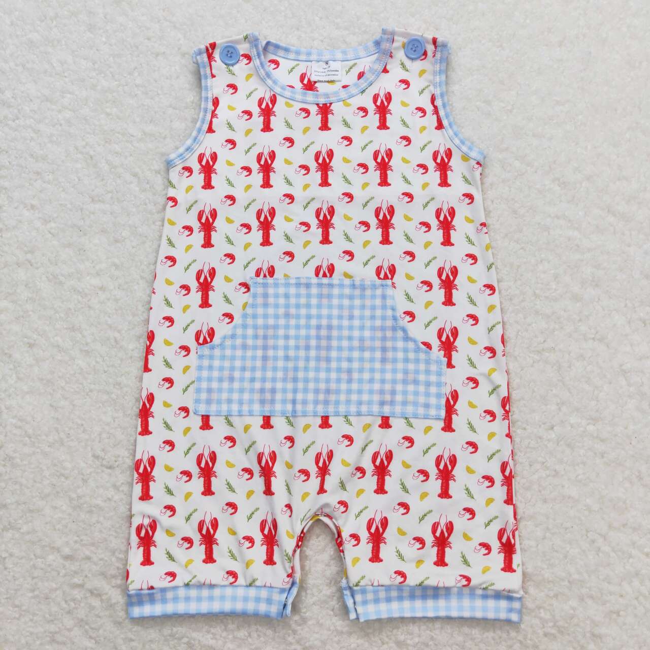 boy blue gingham crawfish romper