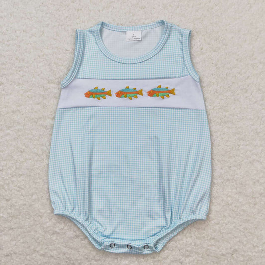 blue gingham embroidery fish design romper
