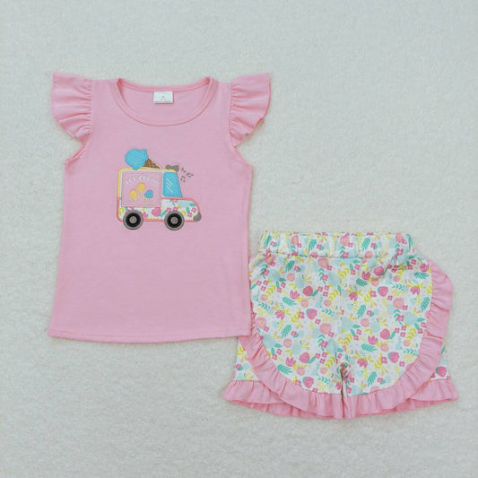 baby girls summer embrodiery car floral short set