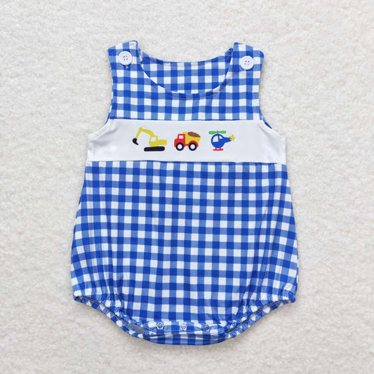 toddle boy blue gingham constuction romper