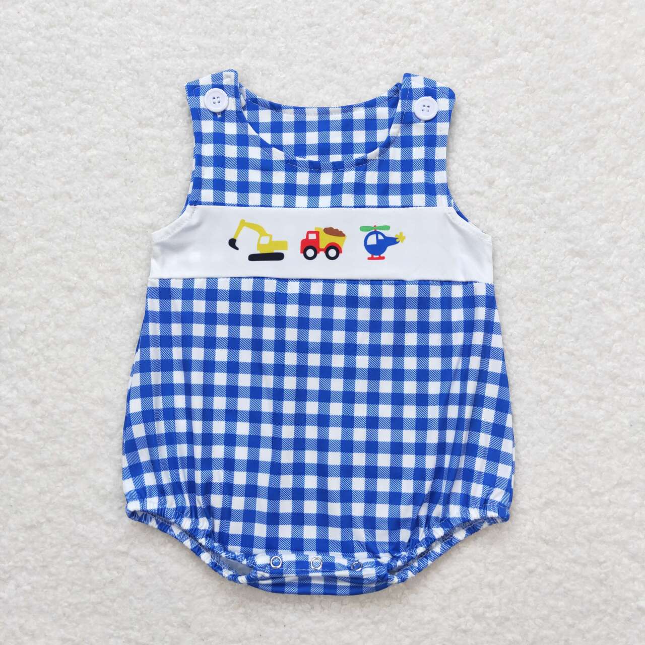 toddle boy blue gingham constuction romper