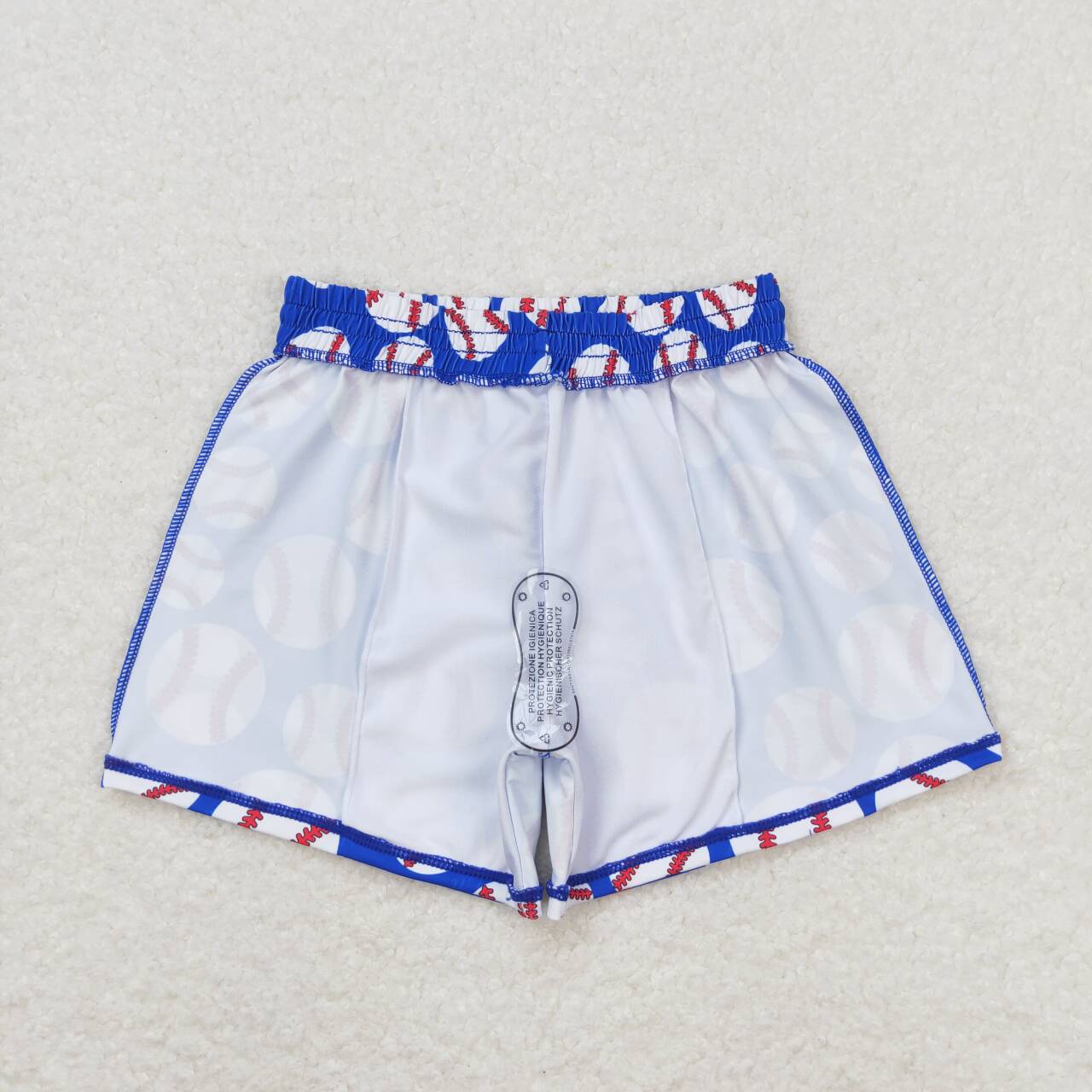 Boy blue baseball swim trunks