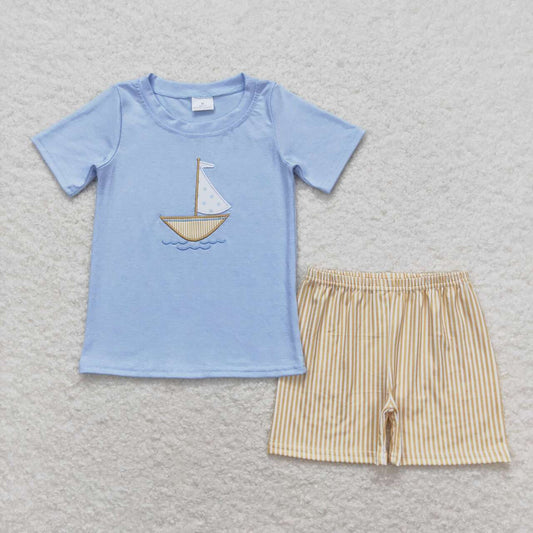 boy embroidery sailboat top yellow stripes shorts outfit