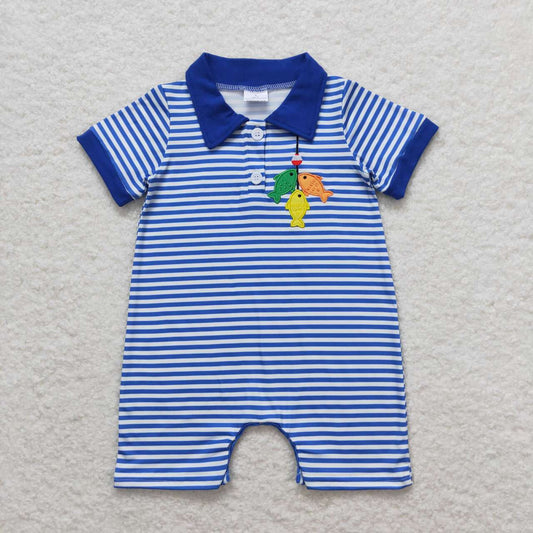 toddle boy blue stripes embroidery fishing romper