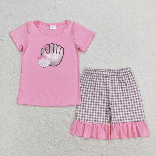pink embroidery baseball shirts khaki gingham shorts outfit