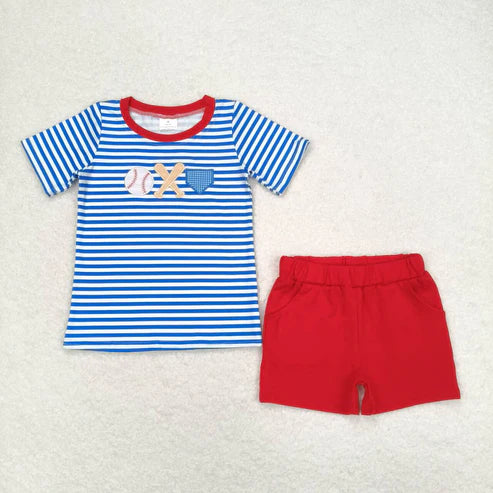 sister brother embroidery baseball print shirt red shorts matching outfit