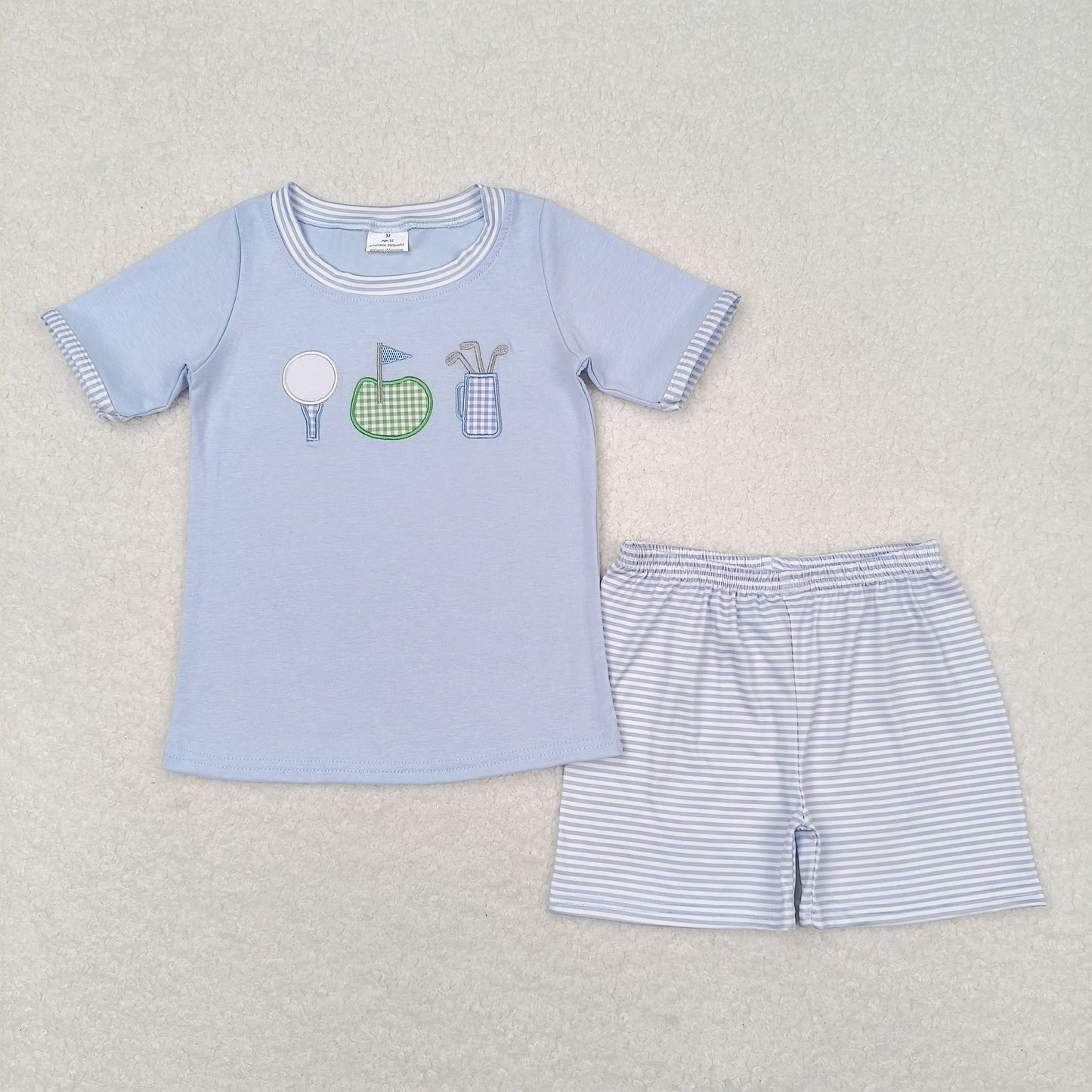 baby boy blue shirt embroidery golf design summer outfit