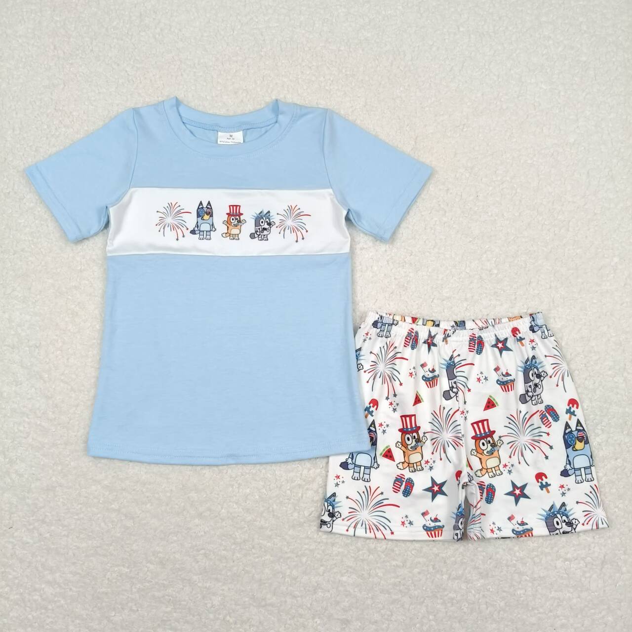 cartoon blue dog baby boy short sleeve july 4th firework outfit