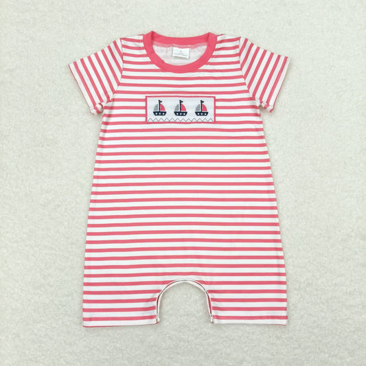 red stripe embroidery sailboat short sleeve romper