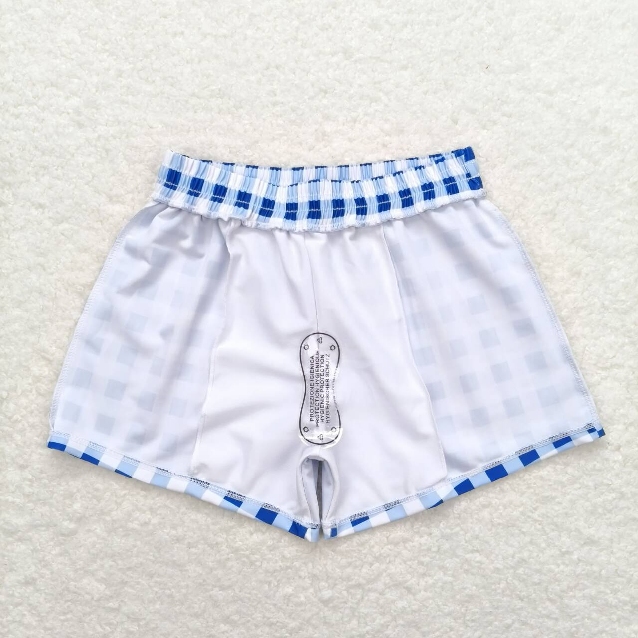 Boy blue checkered swim trunks