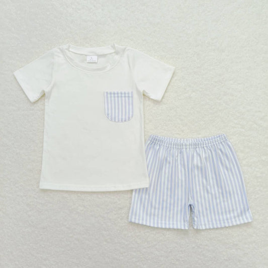 boy white pocket shirt blue stripes shorts outfit