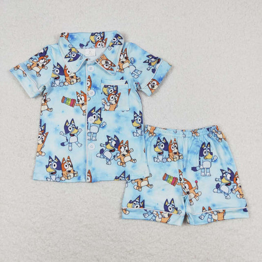 baby boy blue cartoon dog button down pajama set