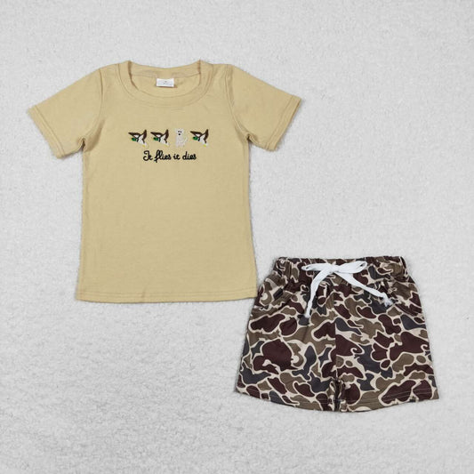 embroidery mallard duck dog shirt camo shorts outfit