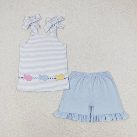 embroidery blue stripes fish summer outfit