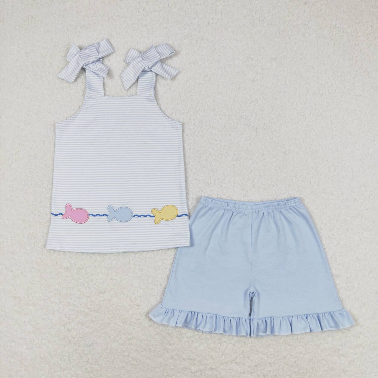 embroidery blue stripes fish summer outfit