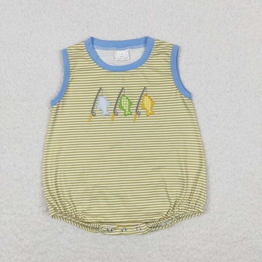 yellow stripes embroidery fishing romper for boy