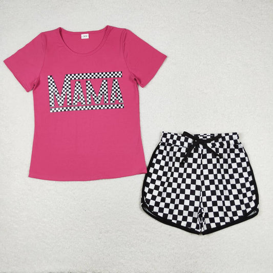adult mama letter pink shirt black checkered shorts outfit