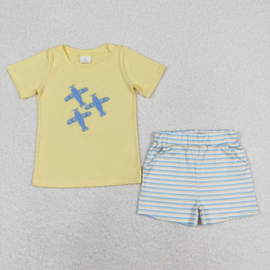 baby boy embroidery  plane shirt matching shorts outfit