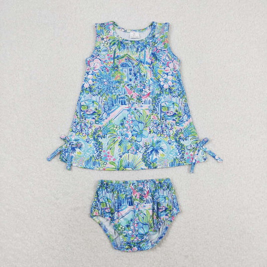 toddle girls blue floral summer bummies set