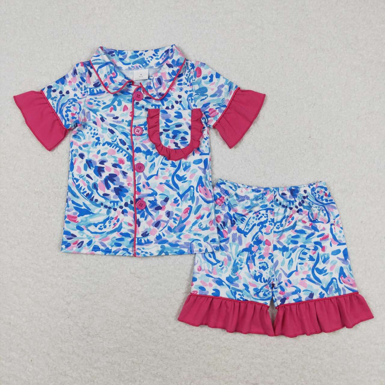 blue floral wholesale girls short sleeve pajama set