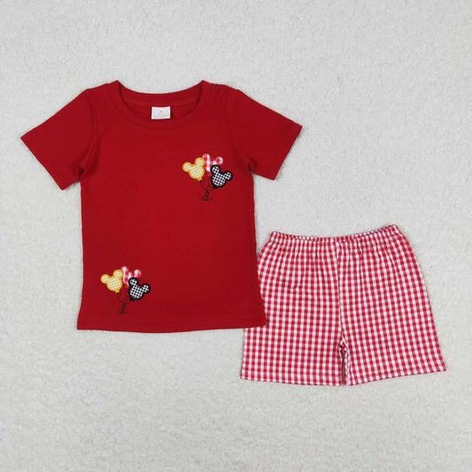 embroidery cartoon shirt red gingham shorts outfit