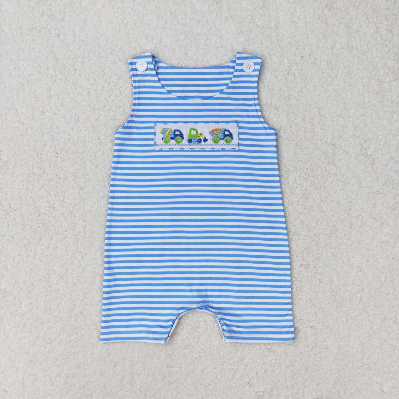 toddle boy blue strips embroidery construction romper