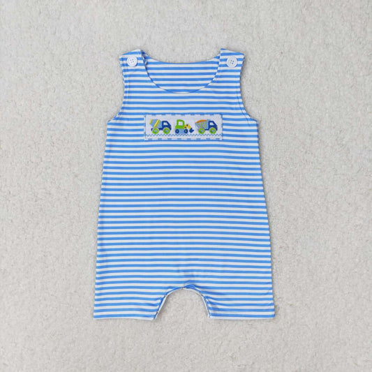 toddle boy blue strips embroidery construction romper