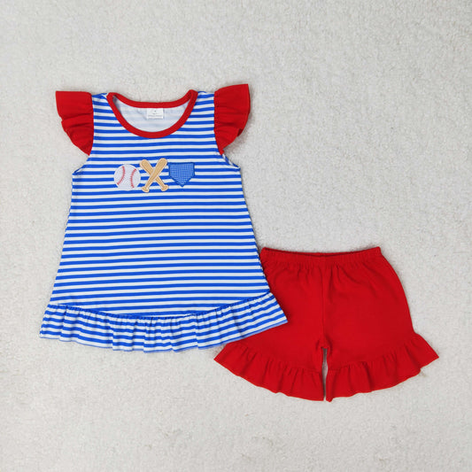 baby girl embroidery baseball print shirt red shorts outfit